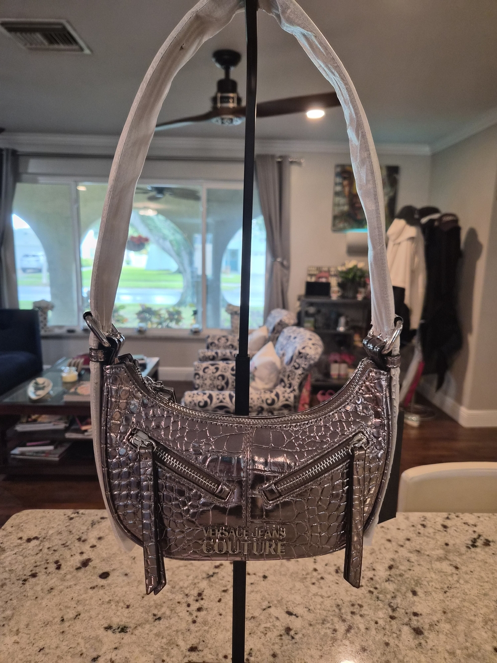 Versace Jeans Collection Metallic Silver Croc-Embossed Shoulder Bag
